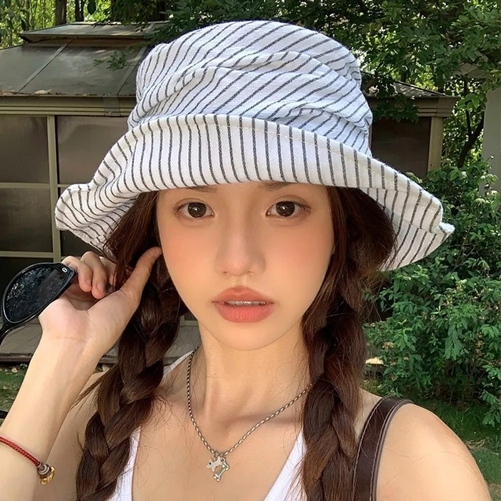 

Fashion Foldable Women Bucket Hat Striped Spring Summer Fisherman Caps Visor Wide Brim Sun Hat Unisex