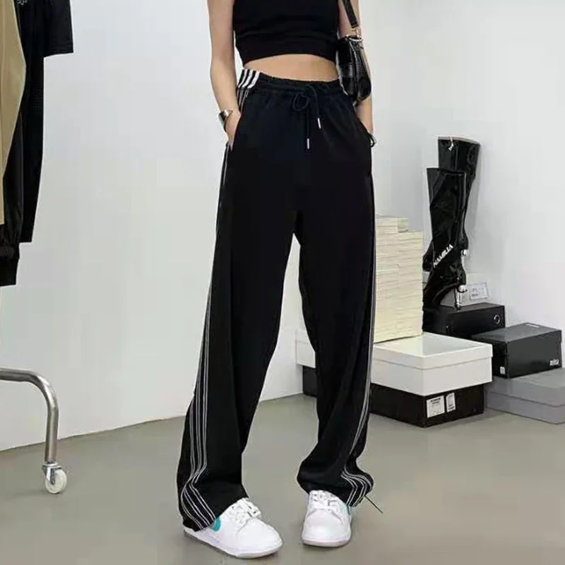 Y2K Streetwear Slit Wide Leg Pants Women Striped Buttons High Waist Straight Trousers Fashion Breasted Loose Black Sweatpants