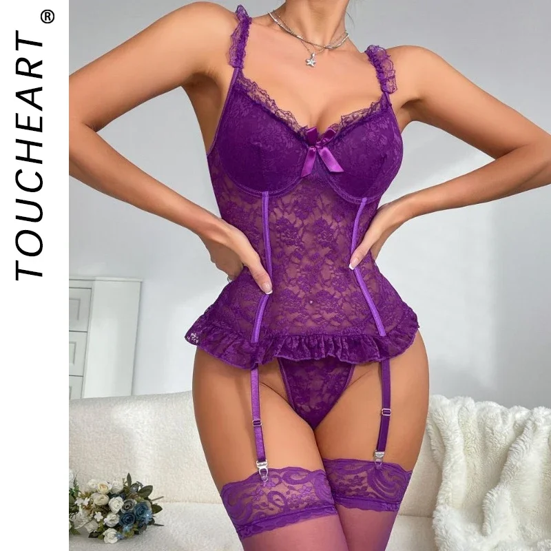 

Toucheart комплект сексуального нижнего белья женский комбинезон сетчатые прозрачные сексуальные чулки комплект из 3 предметов нижнее белье экзотическое фиолетовое сексуальное боди