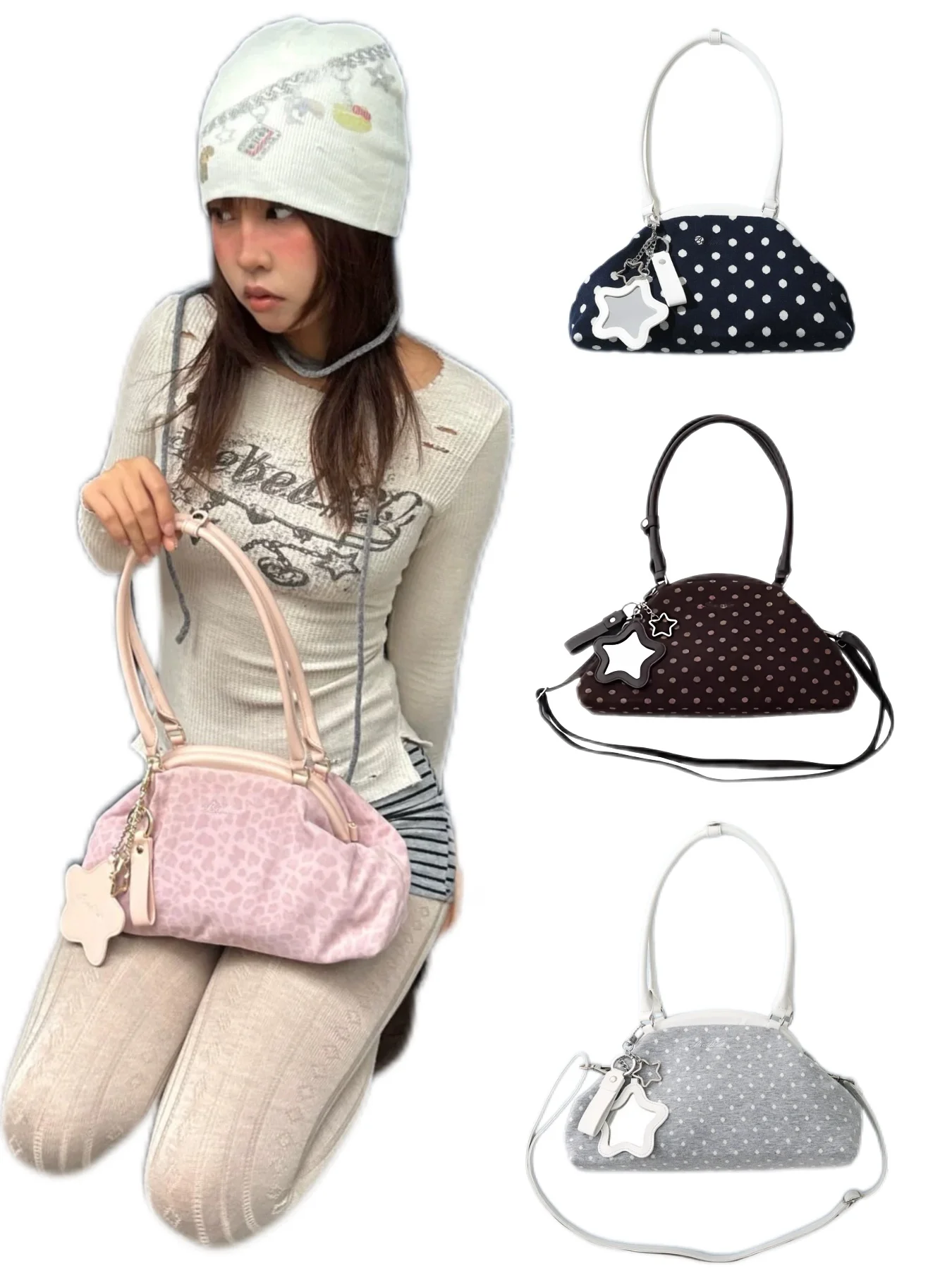 BadBlue Polka Dot Leopard Print Underarm Bag Star Dumpling Handbag Women's Shoulder Crossbody Bag Medium Hardness Soft Handle