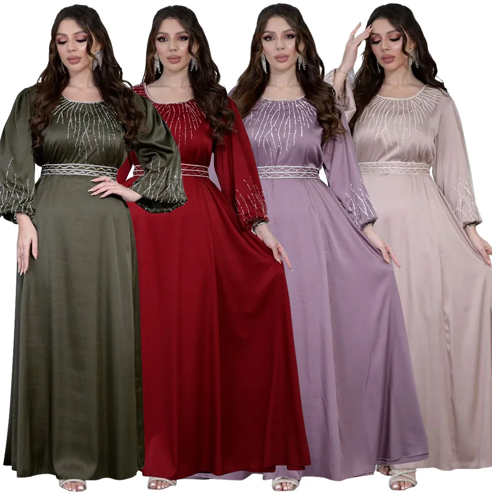 

Xqy500391 Dubai Women's Hot Stamping with Belt, Large Swing Robe, Evening Gown, Long Skirt Ramadan Dubai Luxury Islam Elegant