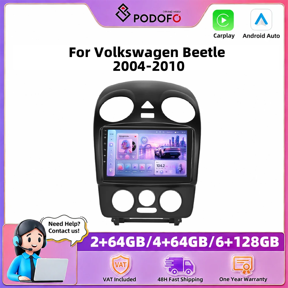 Podofo – autoradio 9 pouces pour Volkswagen Beetle 2004-2010, Carplay sans fil, Android Auto, systèmes de voiture intelligents, navigation GPS, lecteur multimédia, MirrorLink, BT, WIFI, unité principale