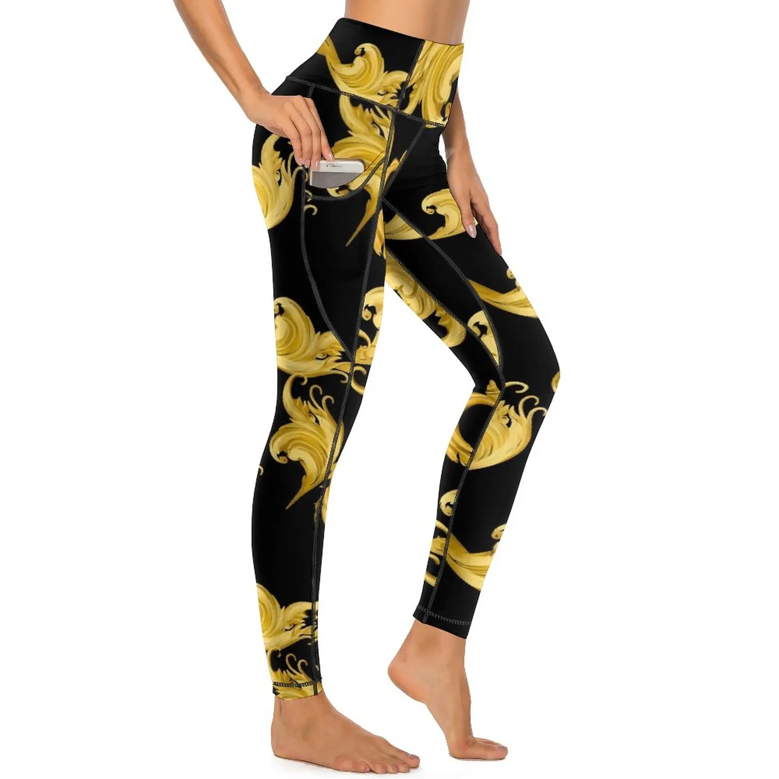 Baroque Leaf Leggings Gold Floral Fitness Yoga Pants High Waist Breathable Leggins Stretch Graphic Sports Tights Birthday Gift