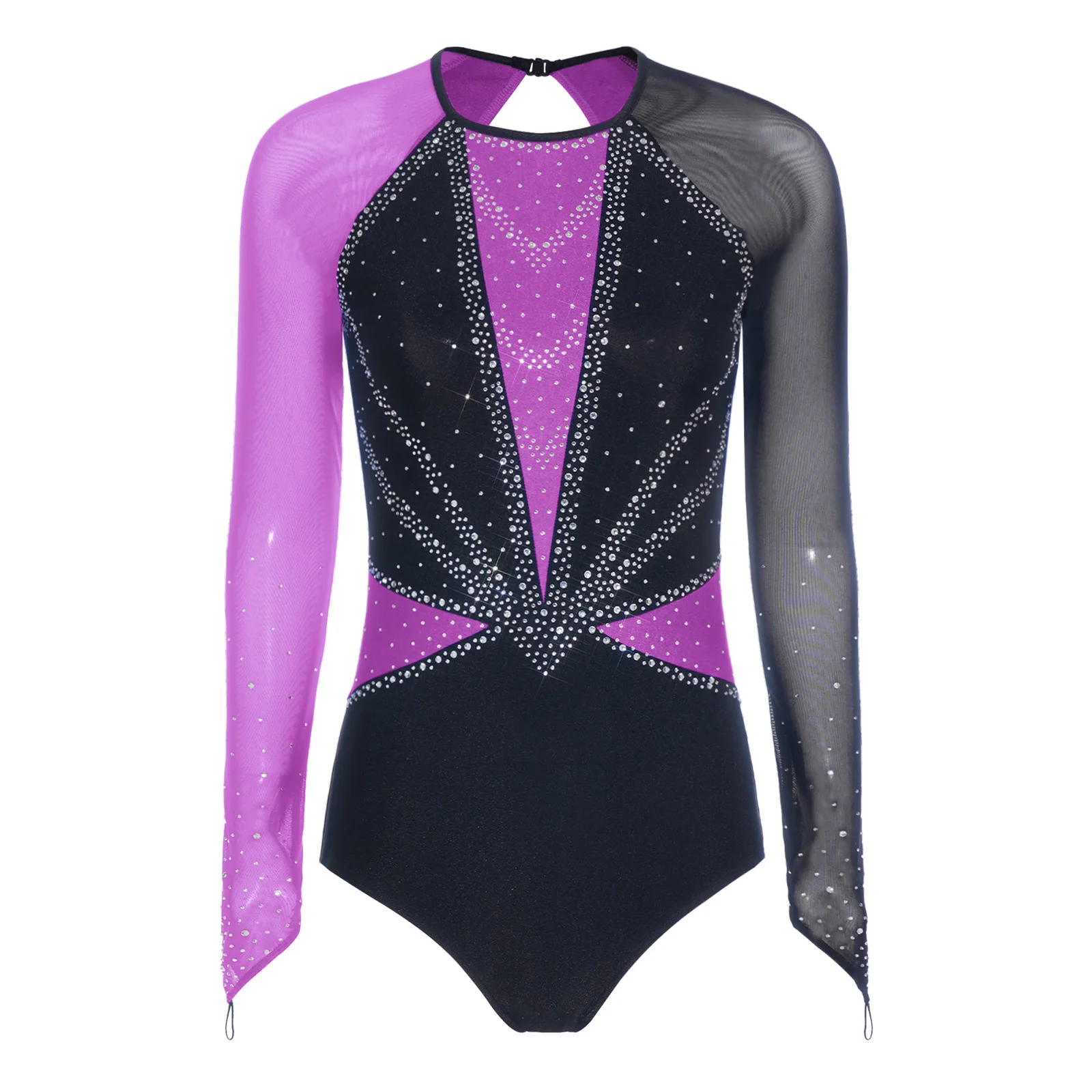 

Women Rhythmic Gymnastics Leotard Figure Skating Performance Costume Rhinestone Sheer Mesh Long Sleeve Bodysuit Dancewear Ballet