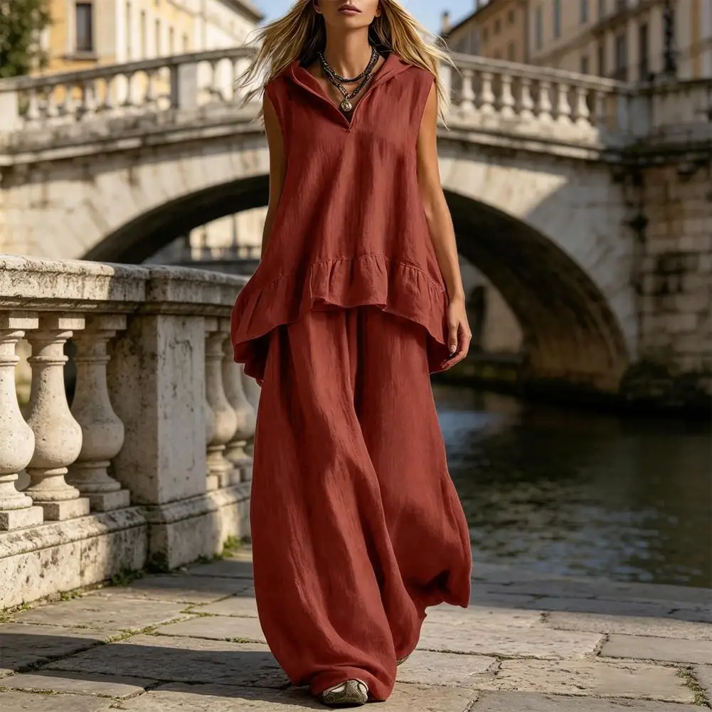 

2 Piece Sets For Women Hooded Sleeveless Pullover Top And Long Pants Set Hooded Ruffle Top Elastic Waist Wide Leg Pants Lady Set
