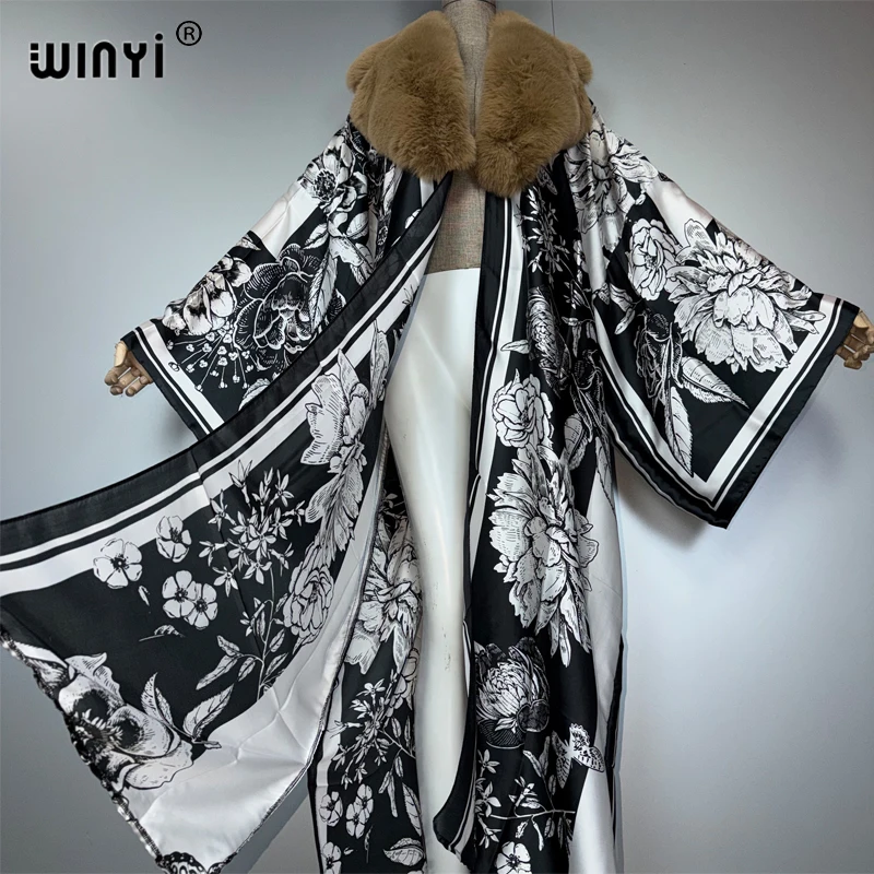 ชุดคลุมสไตล์โบฮีเมียน WINYI ผ้าไหมเทียม แต่งปกขนเฟอร์เทียม เหมาะสำหรับงานปาร์ตี้ อาบายา ดูไบ แฟชั่นหรูหราสำหรับผู้หญิงมุสลิม แบบเปิดด้านหน้า