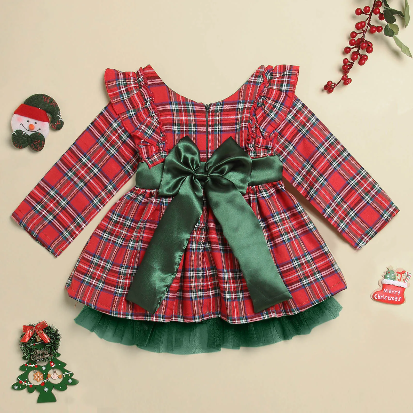 2024 Baby Girls Christmas Dresses Cute Red Plaid Skirts Back Big Bow Knot Party Ball Gown New Year Costume For Children Girls