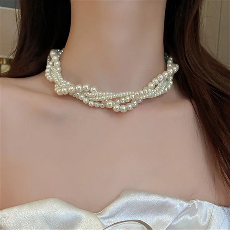 Vintage Bohemian Big Beads Pearl Choker Necklace For Women Girls New Luxury Bride Clavicle Chain Wedding Jewelry