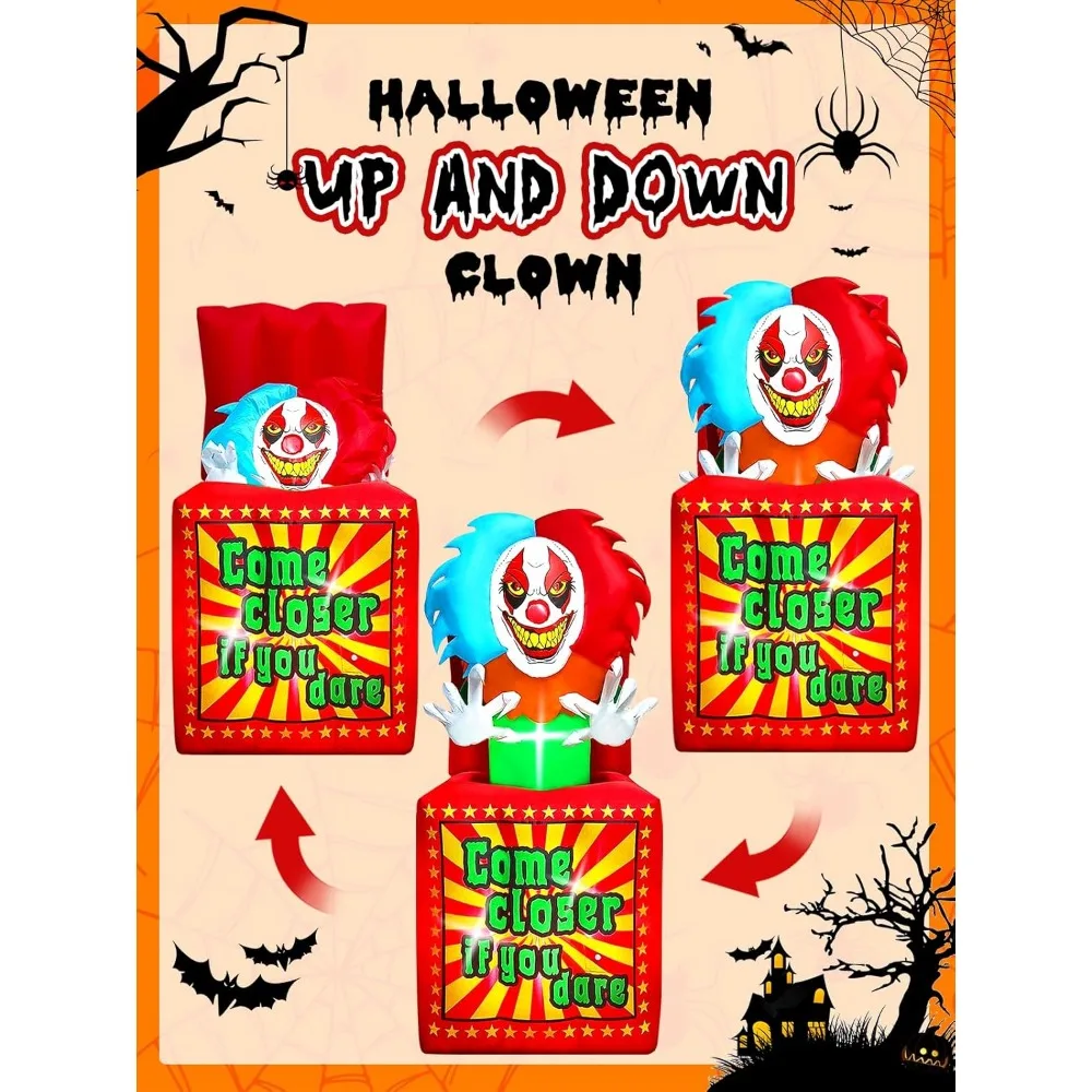 مهرج الرسوم المتحركة للهالوين قابل للنفخ مع الموسيقى، صندوق مهرج السيرك كالولاري ديكور خارجي، ساحة نفخ مع مكبر صوت مدمج