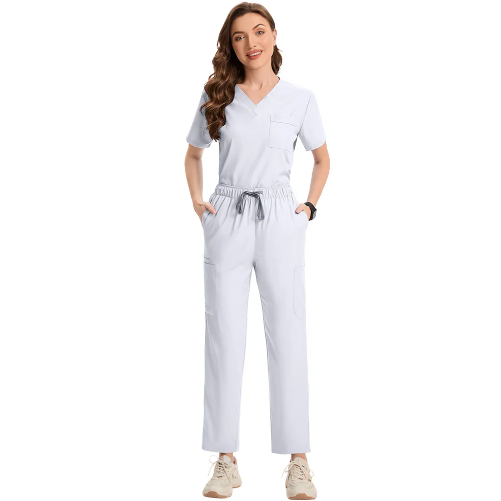 Resistant Stretch Medical Scrubs Tool Pockets Elastic Drawstring Pants Unisex Nurse Veterinarian Beauty Salon Staff Work Suit