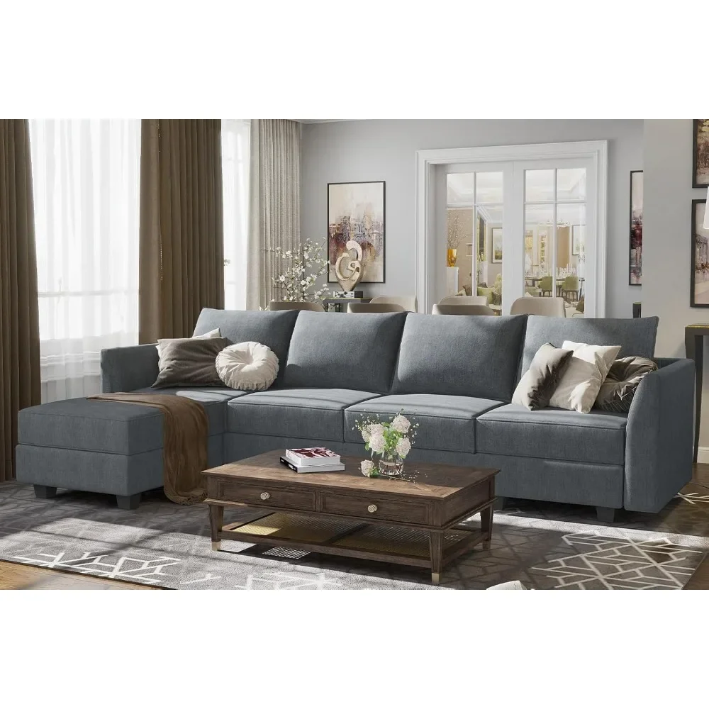 Modular Sectional Couch with Reversible Chaise L-Shape Sofa 4-Seat Corner Couch Modular Sofa with Storage Seat, Bluish Grey