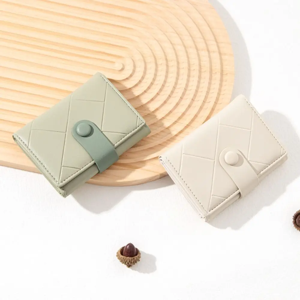 Cute PU Leather Women's Card Bag Triple Fold Portable Wallet Checkered Pattern Short Card Holder