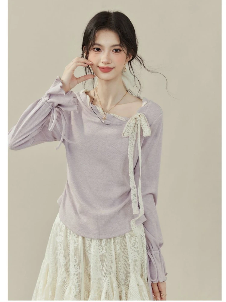 

French purple sweet spicy girl diagonal collar long sleeved T-shirt autumn Y2K retro slim fit versatile bow tie women's top