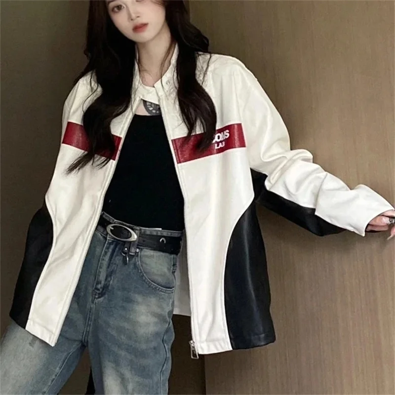 Stand up Collar Double Leather Three bar Sports Racing Jacket Autumn American Contrasting Color Men's and Women Motorcycle Coat