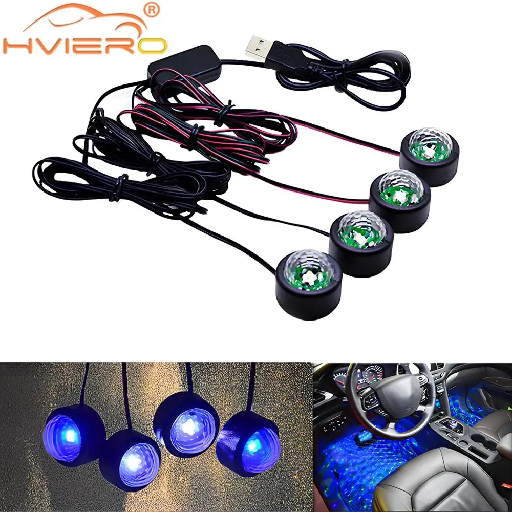 4X LED Interior Decoration Environment Floor Footlights Car Light Atmosphere 5V Star USB Remote Voice Control 7 Color Decoration