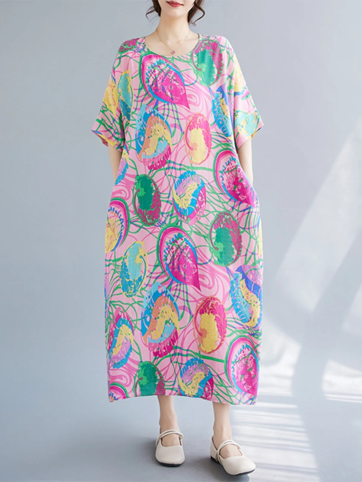 

Summer Loose plus Size Cotton Linen Print round Neck Short Sleeve Knee-Length Dress Slimming Short Sleeve Dress Casual Style