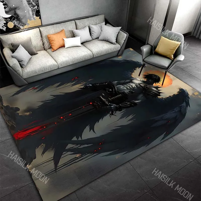 Dark-winged warrior holding sword Print Carpet Rug for Living Room Bedroom Sofa Doormat Home Decor Non-slip Floor Mat