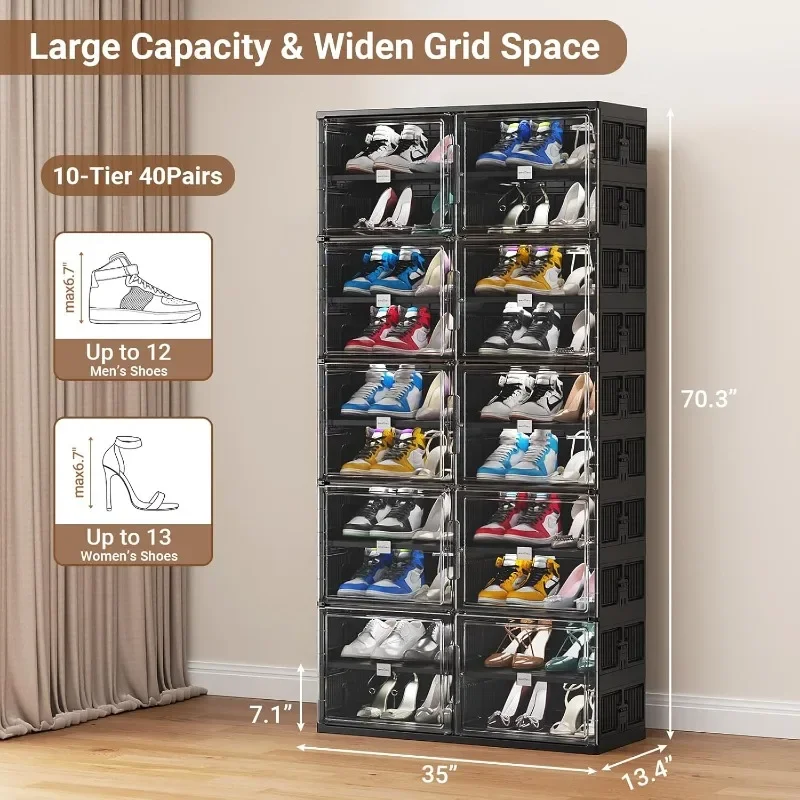 home.10 Tiers 40 Pairs Hard Plastic Shoe Storag Large Stackable Organizer for Closet, Portable Folding Shoe Cabinet with Doors,