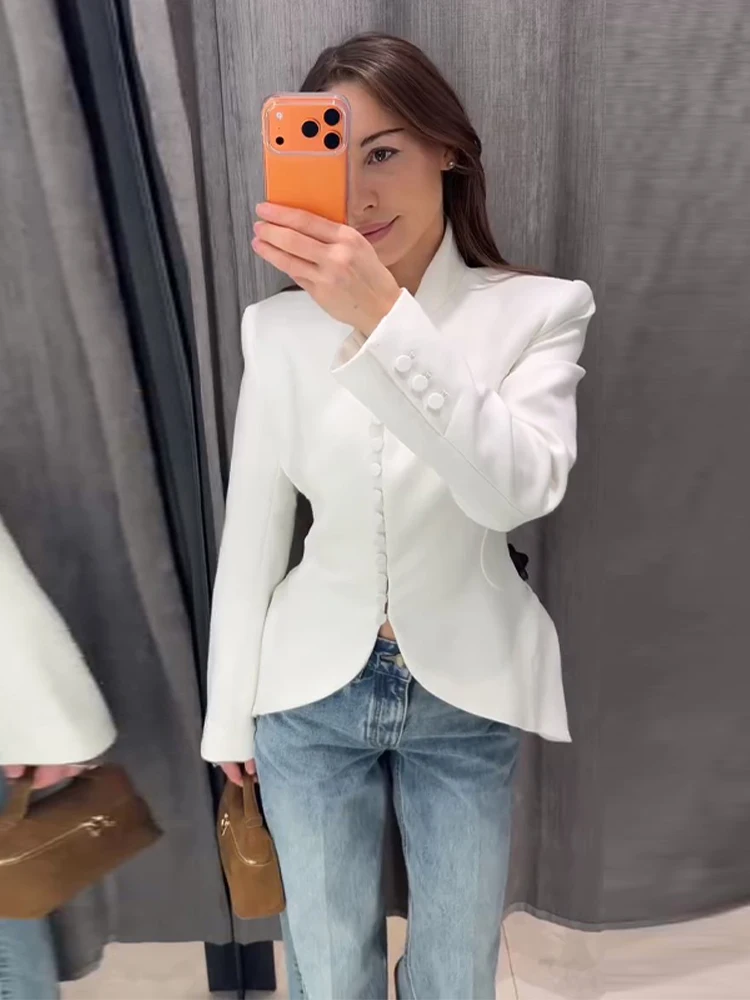 Einreihiger Taillierter Meerjungfrauen-Anzug Blazer für Damen Eleganter V-Ausschnitt Langarm Einfarbiger Schlanker Mantel Modische Damen-Oberbekleidung Neu – Detail 13