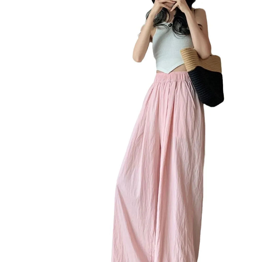 Pantalon à jambes larges en coton et lin pour femmes, été, soie glacée fine, Protection solaire, taille haute, Texture plissée, drapé, pantalon Sengben rose décontracté
