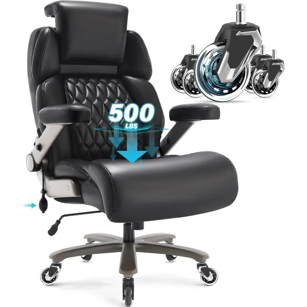 Big and Tall Office Chair 500lbs - Adjustable Headrest&Lumbar Support, 3D Flip Arms, Large Wheels &Heavy Duty Metal Base