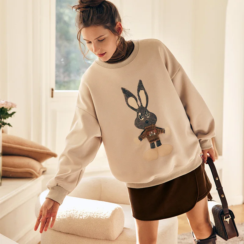 

OLrain Oversized Sweatshirts Woman 2025 Autumn Winter French Crew Neck Tops Fun Print dropped shoulder Loose Pullover O23CR69835