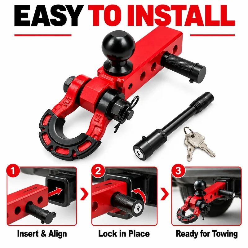 Adjustable Trailer Hitch Mount, Aluminum Alloy Tow Ball and Shackle Receiver Hitch for Truck, SUV, RV and Trailer