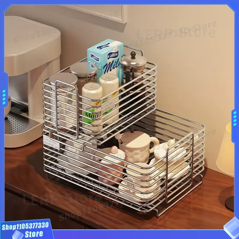 Modern Minimalist Stainless Steel 2 Tier Tabletop Rack Pull Out Design Kitchen Coffee Corner Storage Organizer For Cups Tea