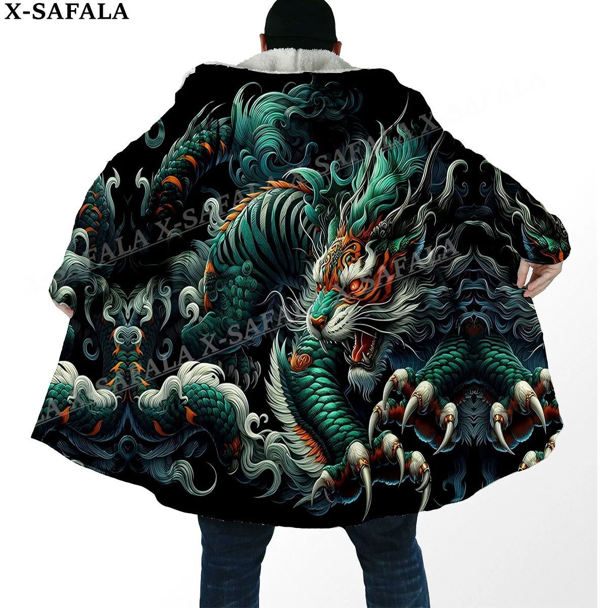 Chinese Myth Dragon And Tiger Spirit Arts Thick Warm Hooded Cloak Men Overcoat Coat Windproof Fleece Cape Robe Hooded Blanket-1