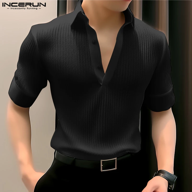 2024 Men Shirt Solid Color Lapel Short Sleeve Streetwear Summer Casual Men Clothing Fitness Fashion Leisure Shirts S-5XL INCERUN