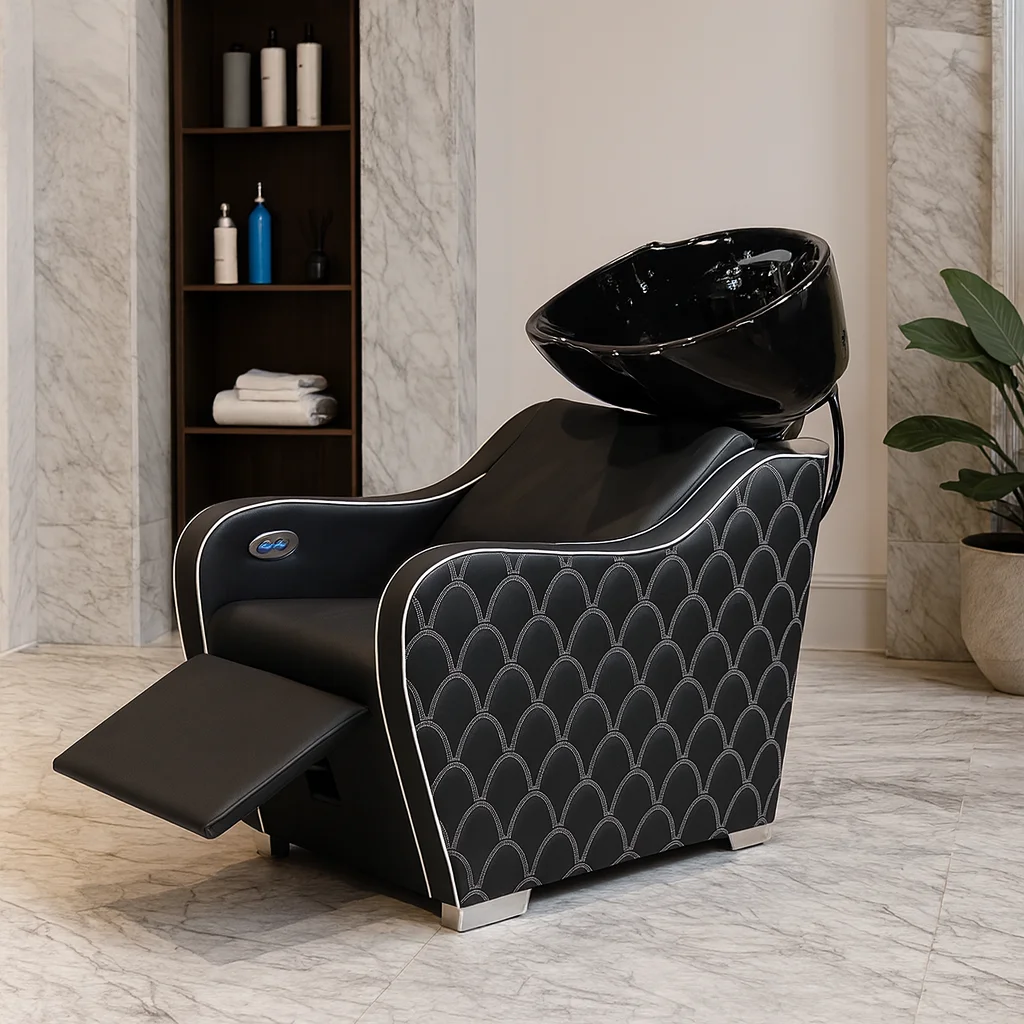 Luxury Shampoo Chair with Footrest and Black Ceramic Bowl Electric Massage Backwash Unit for Hair Salon and Beauty Shop