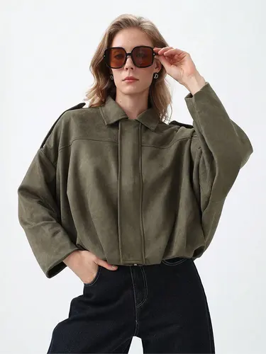 Imagen 2 del producto HH-chaquetas Bomber para mujer, abrigo de ante a la moda con cuello vuelto, abrigos sueltos de manga larga, prendas de vestir exteriores Vintage para mujer, Tops elegantes