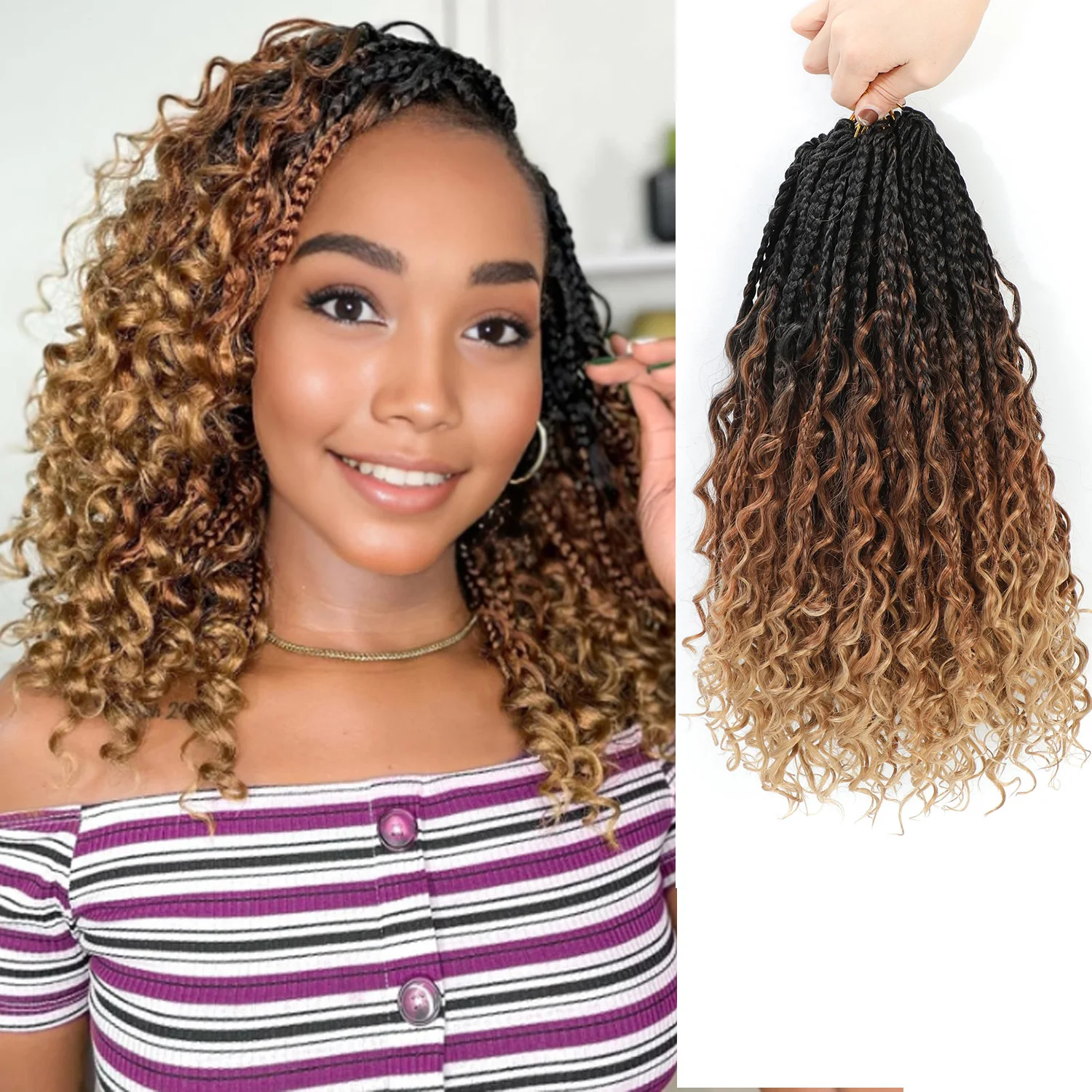 

Goddess Box Braids Crochet Hair 14 Inch 6 Packs Pre-looped Bohemian Crochet Boho Box Braids With Curly Ends Synthetic Hair Extensions 12 Strands/Pack Crochet Braids Hair for Women