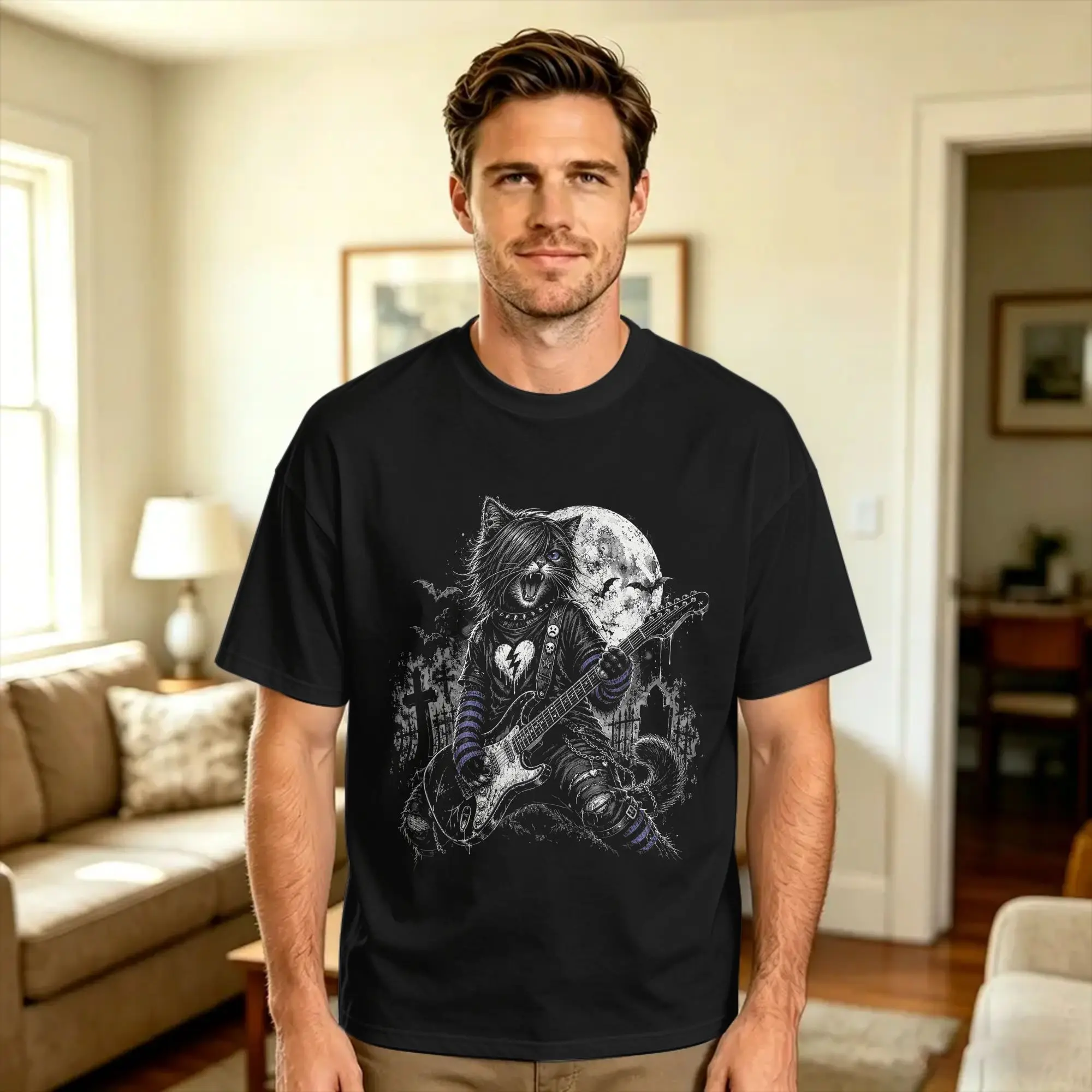 Emo Gothic Cat Guitar Rocker Moonlight Punk Design T-Shirt Summer  Harajuku T Shirts Cotton O Neck Plus Size Tees Short-Sleeve