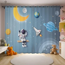 Cosmic Astronaut Print Curtain, Cartoon Curtain, Rod Pocket, Boy, Girl Room, Living Room, Study, Kitchen, Decorative, 2Pcs