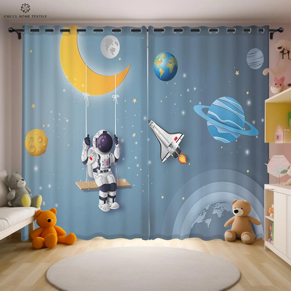 Cosmic Astronaut Print Curtain, Cartoon Curtain, Rod Pocket, Boy, Girl Room, Living Room, Study, Kitchen, Decorative, 2Pcs