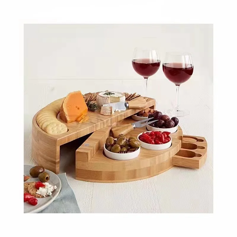 Portable Rotating Open Round Wooden Bamboo Chopping Board  With 4 Ceramic Bowl and 3 Knives Cheese Board Set