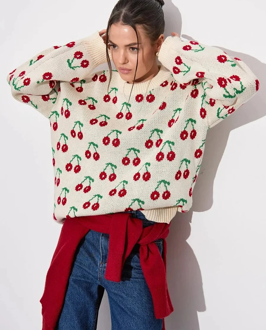 

Осень-зима 2025 г., новый повседневный вязаный свитер с вишневым принтом большого размера для женщин, ленивый