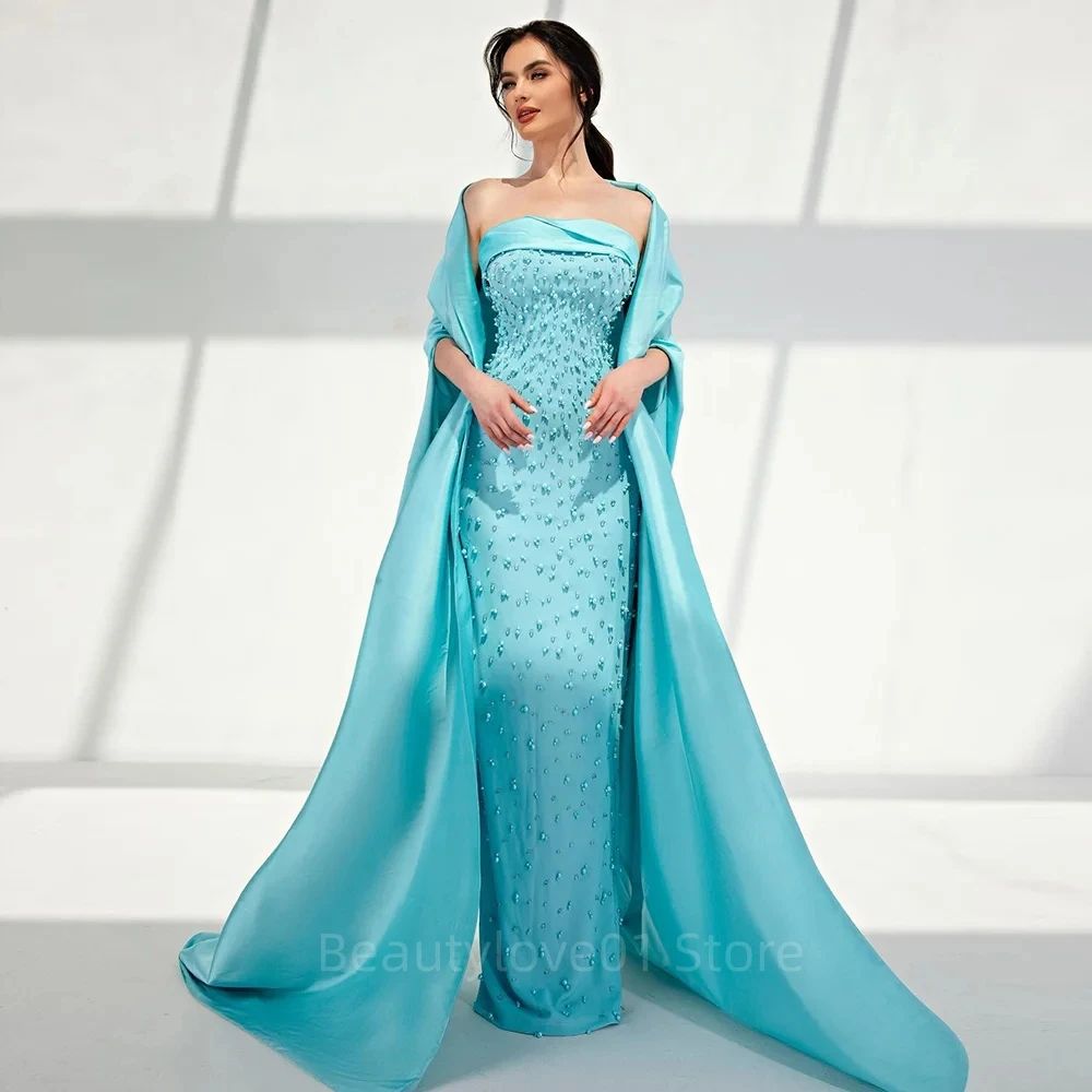 Newest Elegant Luxury Strapless Mint Green Floor-Length Pearls Dubai Evening Dresses with Cape Vestidos De Noche Para Mujer 2023