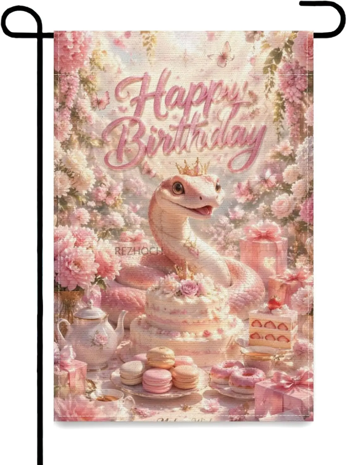 Happy Birthday Cute Snake Garden Flag 12x18 Inch,Pink Floral Cake Double Sided Outdoor Yard Decor,Fun Animal Make A Wish Bir yyi