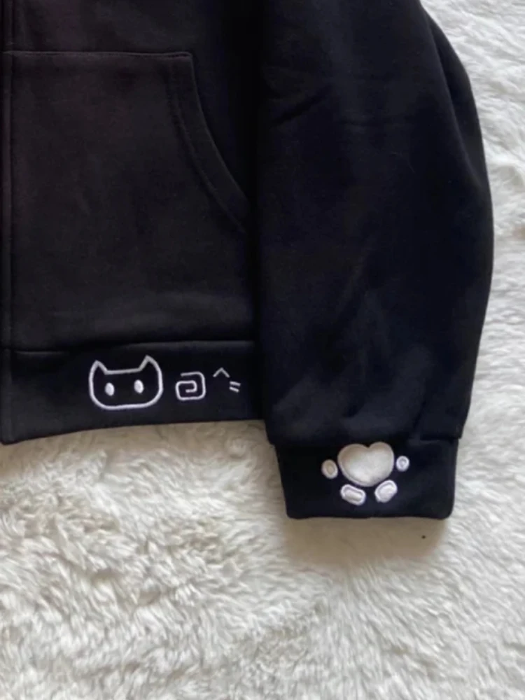 Japanese Cartoon Embroidery Cat Ears Hoodies Women Autumn Grunge Zipper Black Sweatshirts Y2k Aesthetic Loose Pocket Hoody Coats