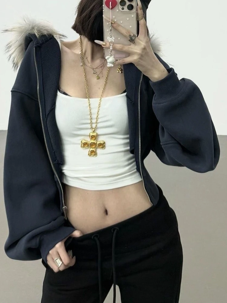 Chaqueta con capucha de manga larga Harajuku Vintage americano para mujer, abrigo informal de piel sintética de Color puro, ropa de calle con cremallera, otoño 2025