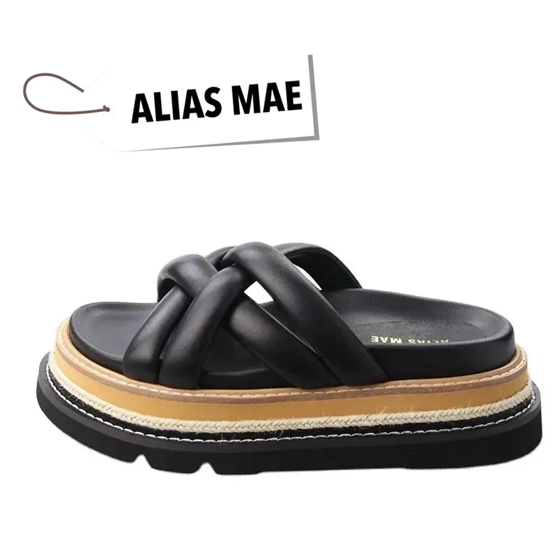 Sandalias de piel auténtica para mujer, zapatillas informales de suela gruesa tejida, de alta calidad, Color sólido, para playa y exteriores, para verano