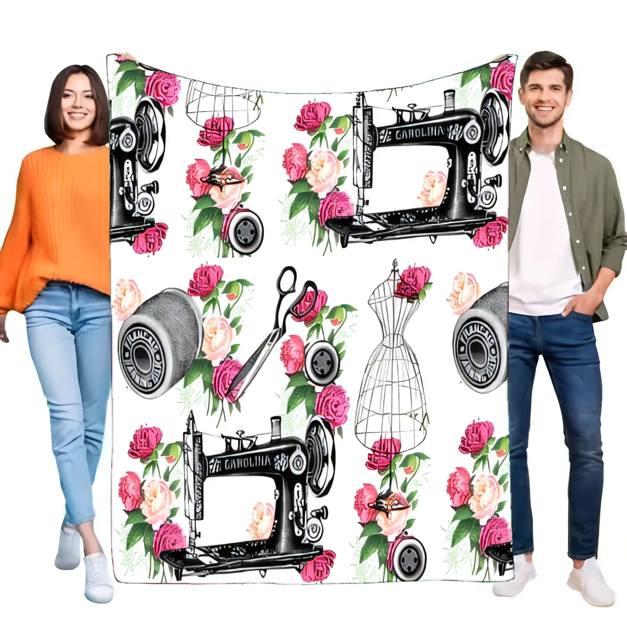 Creative Sewing Themed Blanket Cozy Soft Throw for Home Decor, Floral Sewing Machine Design Perfect Gift for Craft Lovers and Bi