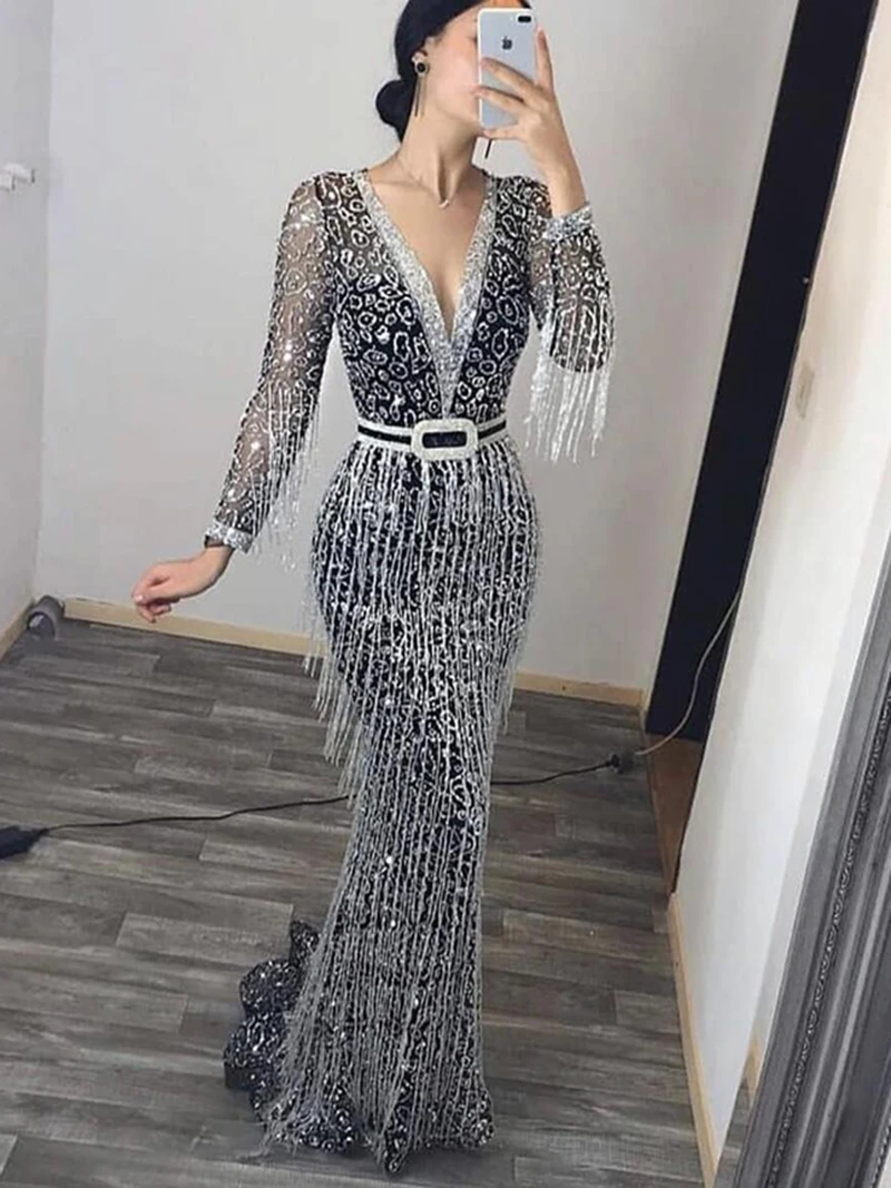 Sexy Women Sequined Evening Dress Tassel Plus Size Club Party Dress Elegant Long Sleeves Cocktail Dress For Ladies