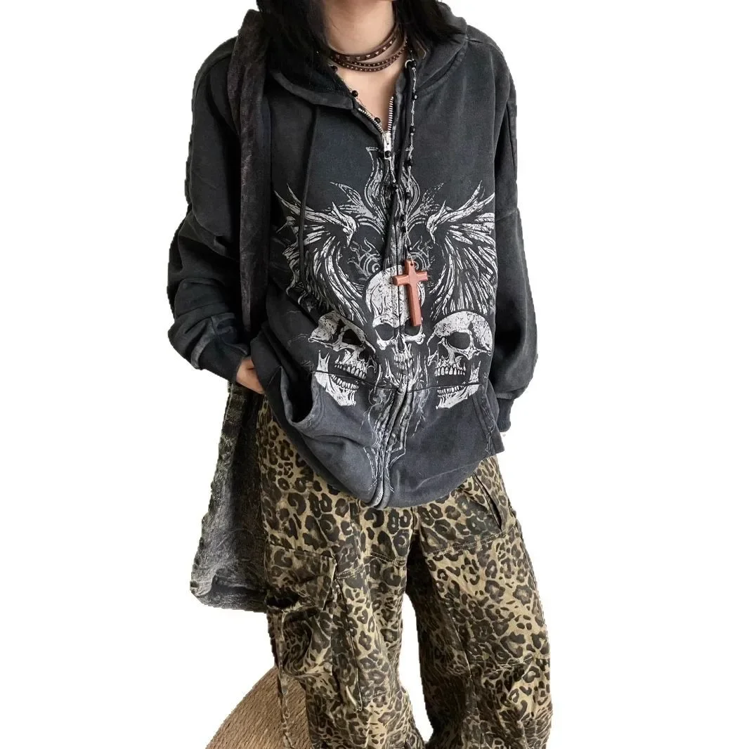 Dark Y2K Gothic Style Hoodies for Women Autumn Winter Punk Retro Skull Print Zip Up Hoodie Sweatshirt Hooded goth Jacket Coat