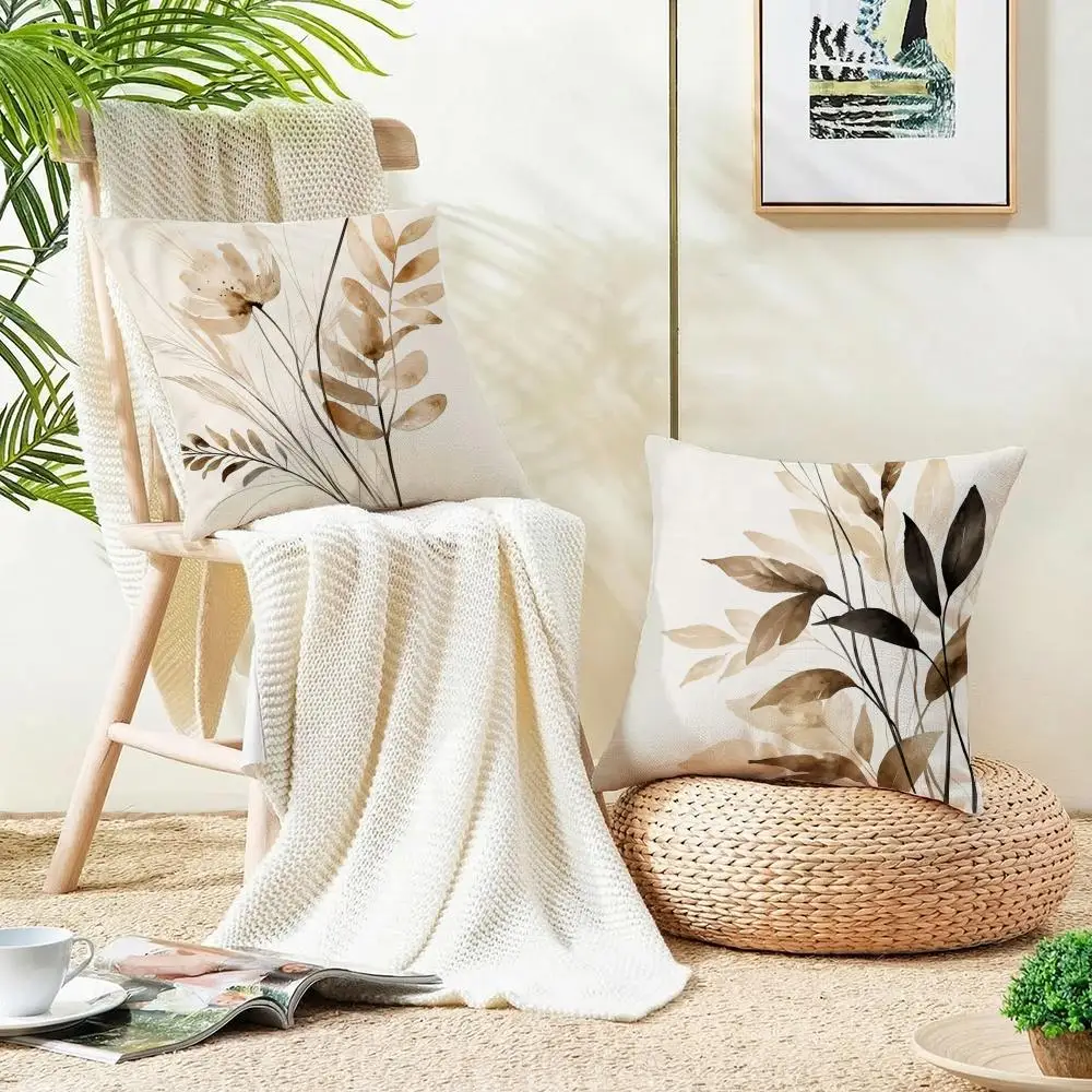 Beige Minimal Blooms Cushion Cover 4Pcs Linen Throw Pillow Covers 40x40 45x45 Modern Home Decor
