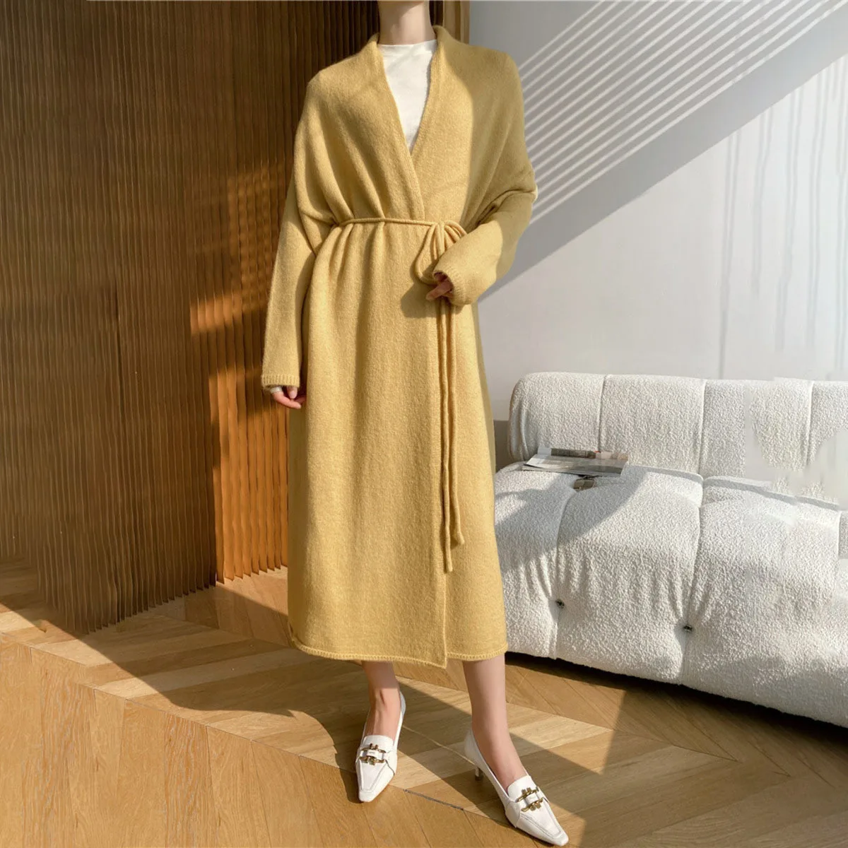 KWTX 2025 New Women's Chic Knit Cardigan Longline V-Neck Belted Waist Solid Color Autumn Winter Cozy Retro Sweater Elegant