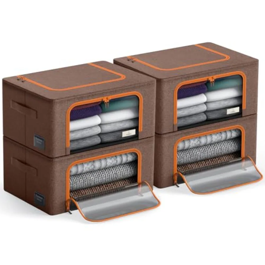 

Storage Bins with Metal Frame - Stackable and Foldable Clothes Organizer Bags - Oxford Fabric Storage Containers with Large Cle