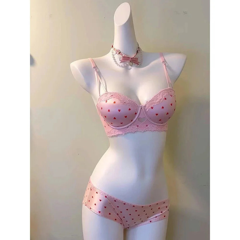Kawaii Sweet Heart Lace Bra Panty Set Push Up Small Breast Side Collection Anti Sag Comfort Women Underwear Lingerie 32-38 Size